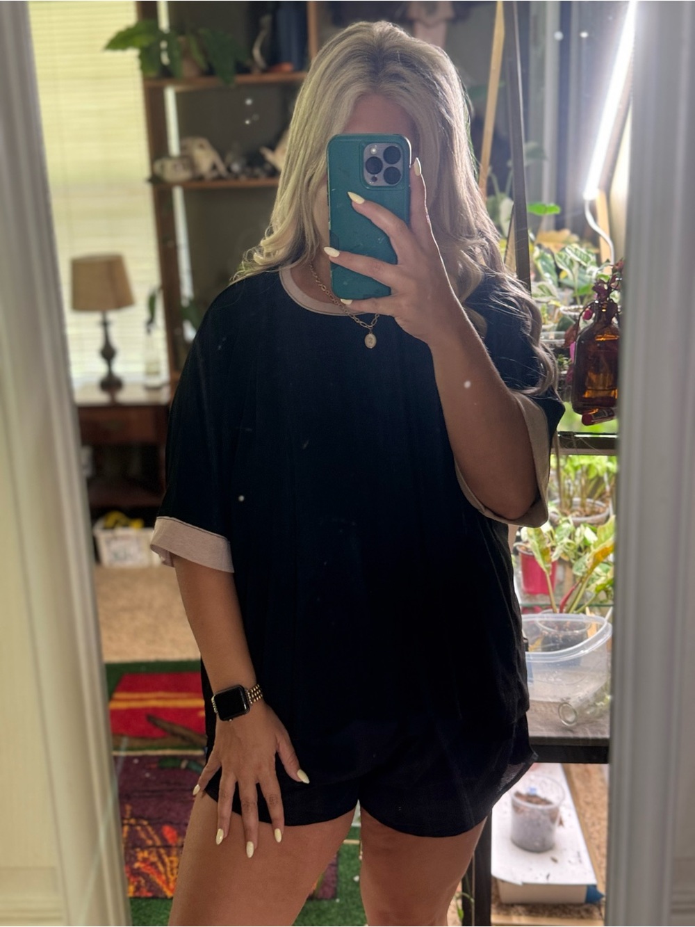 Black Short-Sleeve Crewneck Top with Contrast Cream Trim